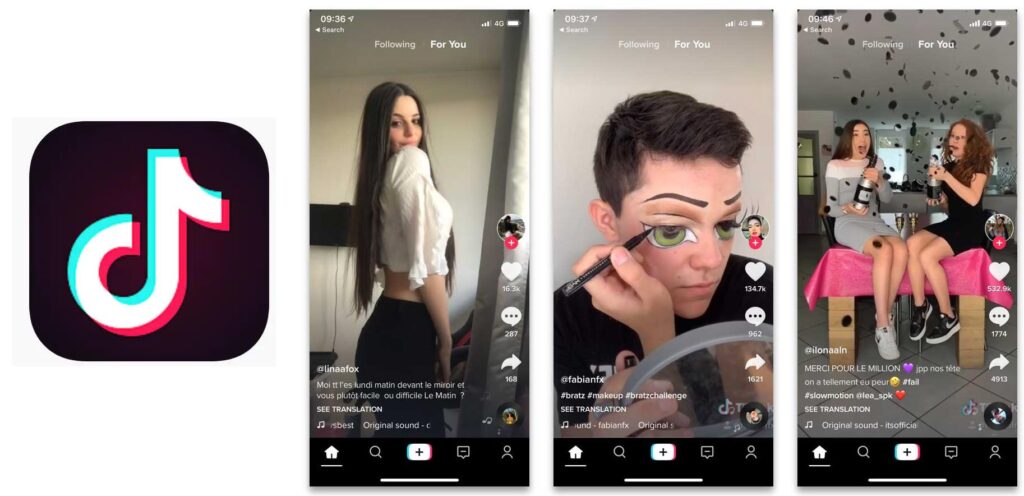 TikTok app with three different videos playing. The first video is a young woman dancing to a song. The second video is a young man doing a makeup tutorial. The third video is a young couple dancing together.