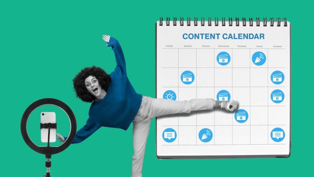 The image shows a person standing next to a content calendar