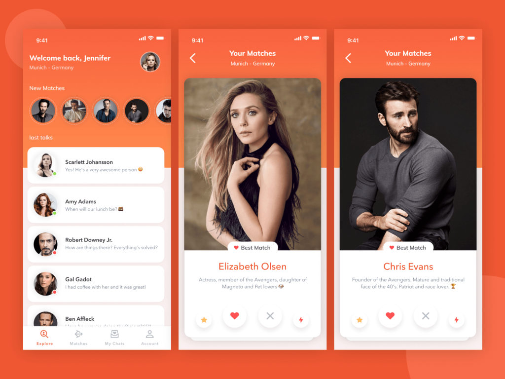 The picture shows a dating app with three different screens. The first screen shows a list of matches, the second screen shows a profile of a potential match and the third screen shows a chat between two users.