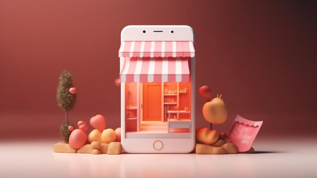 The picture shows a pink and white phone. The phone has a picture of a grocery store inside of it.
