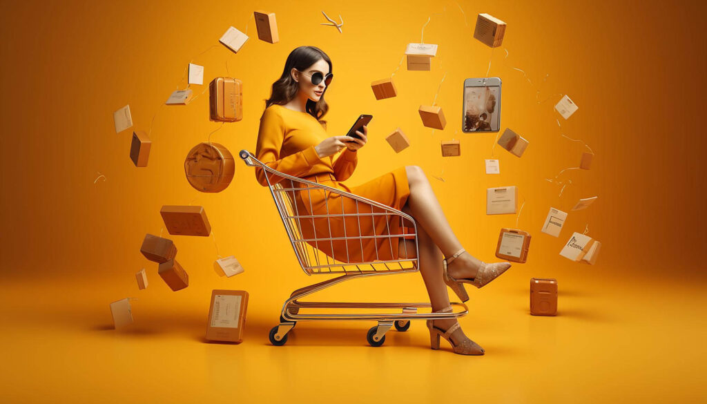 The picture shows a woman sitting in a shopping cart. She is holding a phone and looking at it.