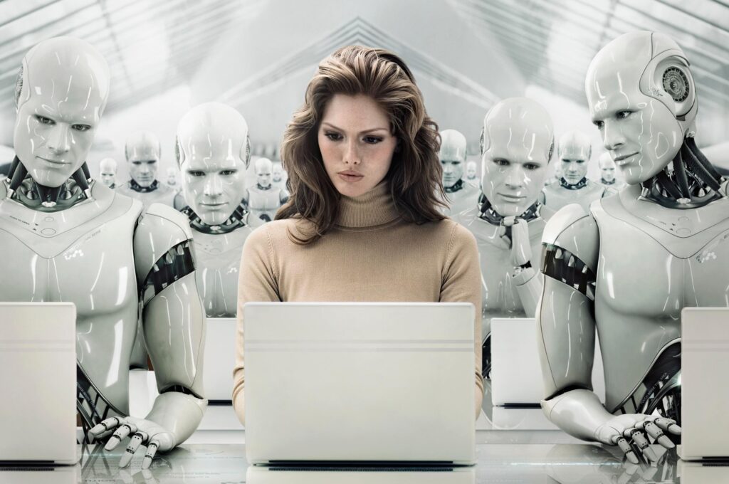 The image shows a woman sitting at a desk with a laptop. She is surrounded by robots.
