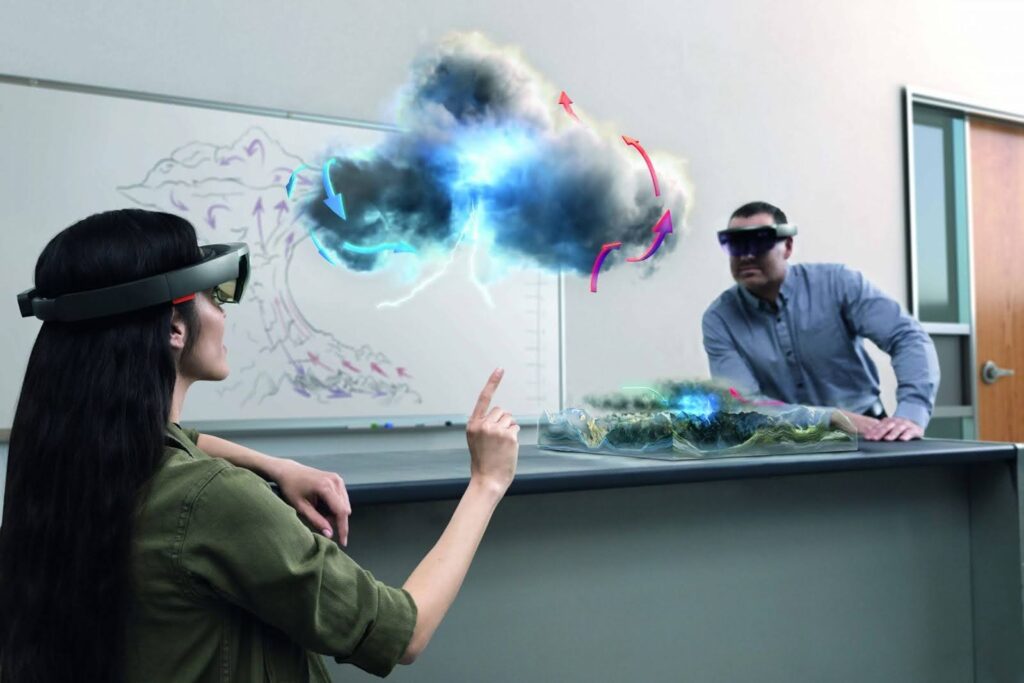 A girl wearing a HoloLens headset is looking at a 3D model of a storm cloud.
