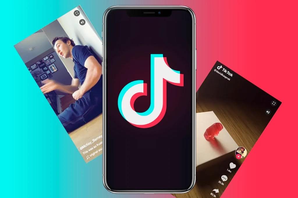 screenshot of the TikTok app video on the left shows a man playing the guitar, the video in the middle shows the TikTok logo, and the video on the right shows a gummy bear.