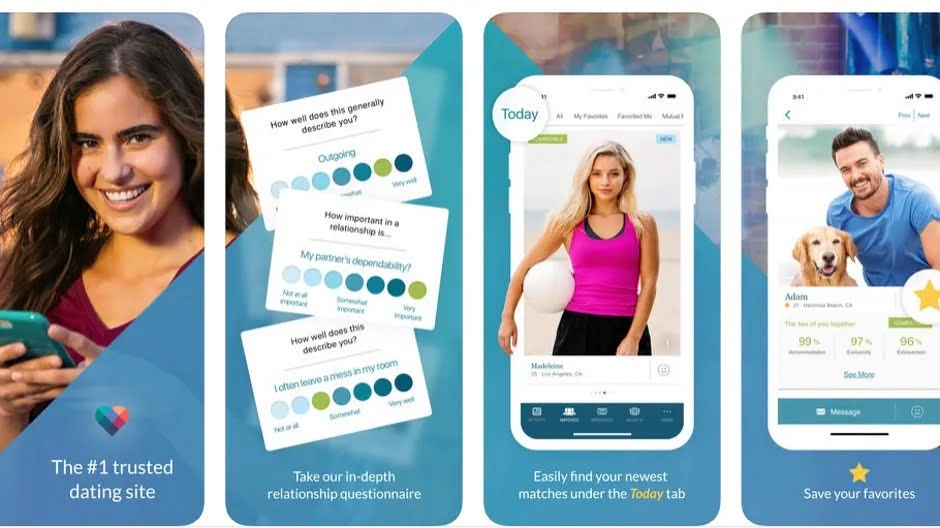 The image is of a dating app. The first screen shows a woman smiling and holding her phone. The second screen shows a man and a woman looking at each other and smiling. The third screen shows a list of potential matches. The fourth screen shows a conversation between two people.