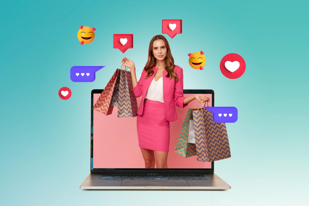 This is an image of a woman standing in front of a laptop. The woman is wearing a pink suit and holding shopping bags. There are social media icons around her.