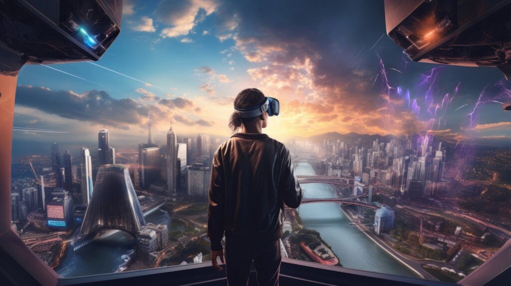 A person wearing virtual reality headset stands in a futuristic room overlooking a vibrant, sprawling cityscape at sunset, with skyscrapers and lightning in the sky.