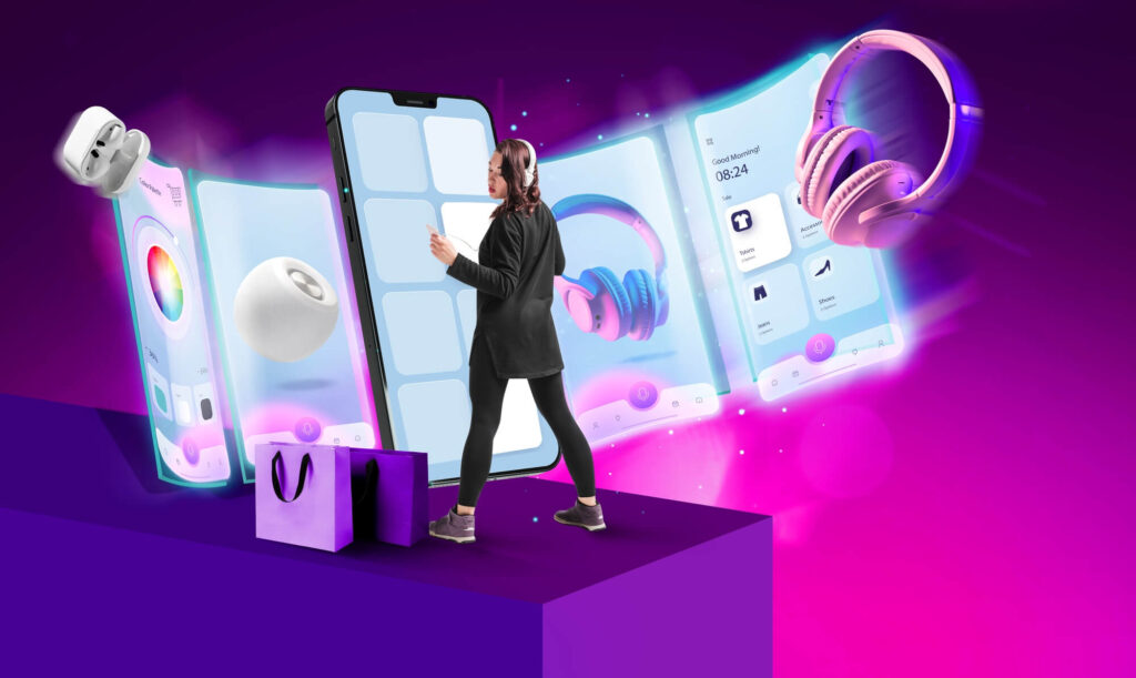 A woman is walking in front of a purple background with a bunch of shopping items around her. The items are a smart speaker, a pair of wireless earbuds, a smartphone, a pair of over-the-ear headphones, and a shopping bag