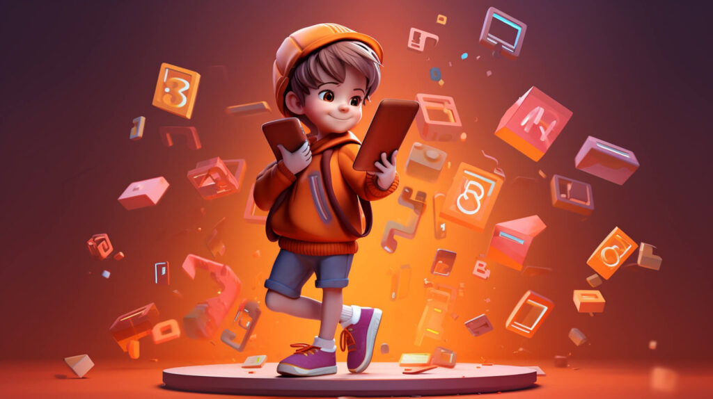A boy animated character stepping into a colorful world of books and technology with a sense of wonder and excitement.