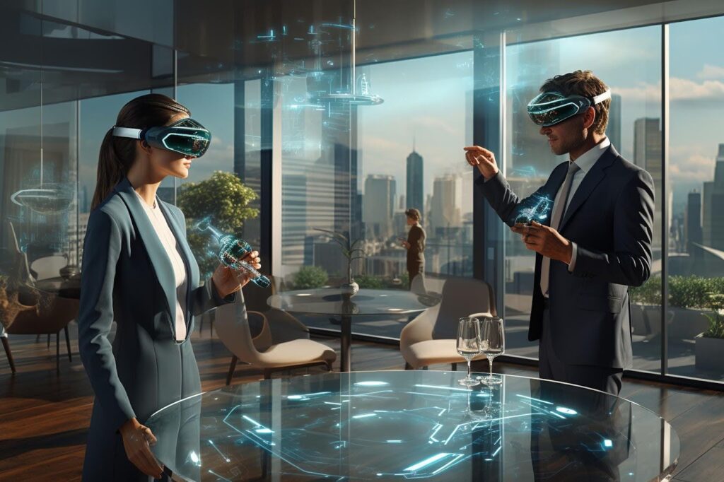 Two business professionals using futuristic augmented reality headsets in a high-rise office with cityscape views. they interact with holographic data visualizations.