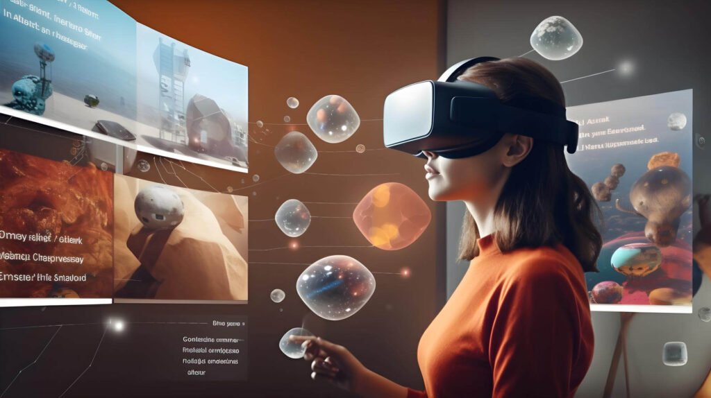 A woman is wearing a virtual reality headset and looking at a 3D model of a cell. The model is surrounded by other 3D models of cells and planets