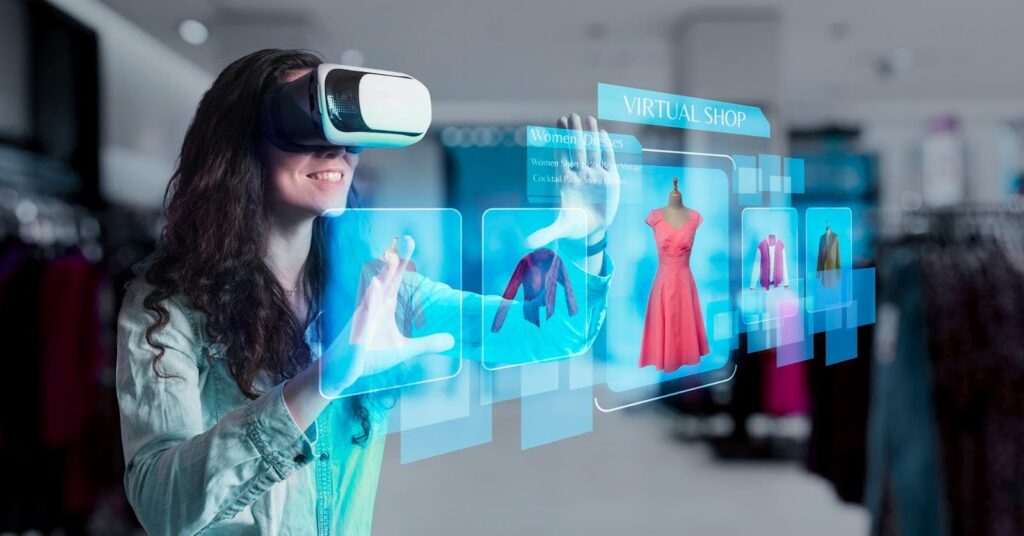 The picture shows a woman wearing a virtual reality headset. She is standing in a virtual shop and is looking at a dress. The dress is displayed in front of her in the virtual world.