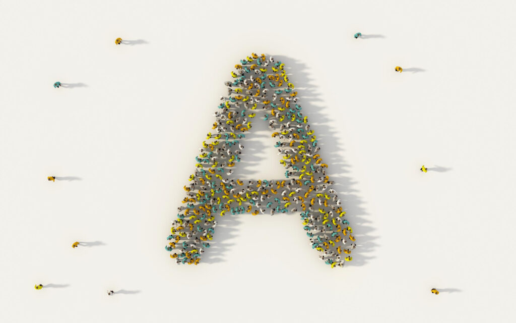 A large letter "a" formed by a crowd of diverse people, with individuals dispersed around it,