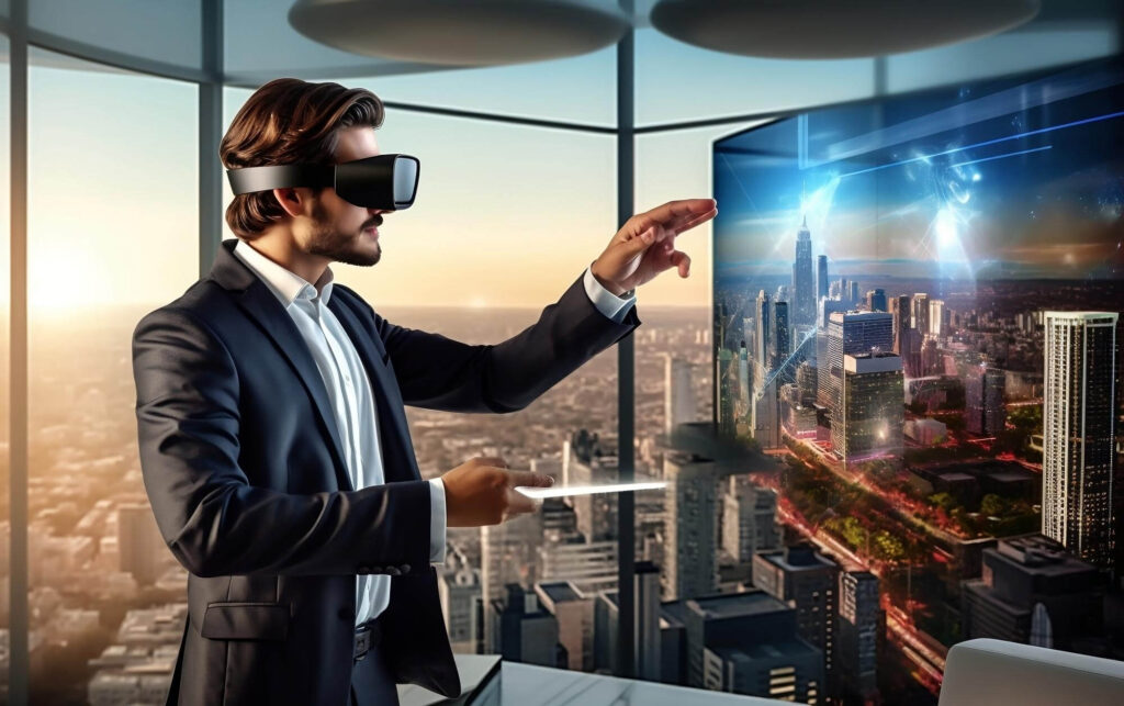A man in a business suit uses a vr headset to interact with a futuristic cityscape visualization in a high-rise office at sunset.