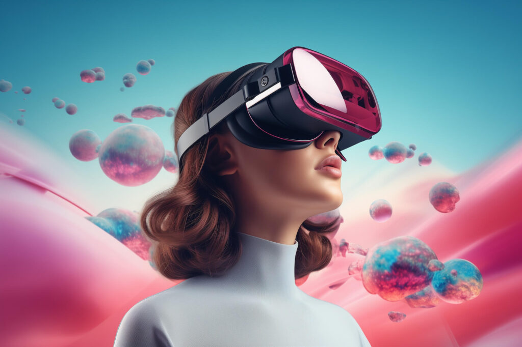 A woman with wavy hair wearing a vr headset against a vibrant background with floating, translucent bubbles in shades of pink and blue. A woman with wavy hair wearing a Virtual Reality headset against a vibrant background with floating, translucent bubbles in shades of pink and blue.