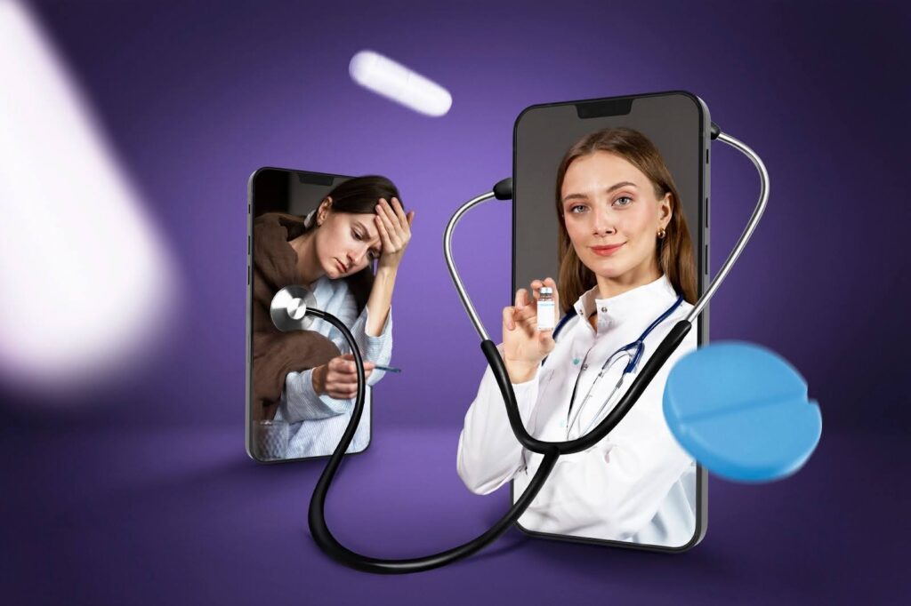 Female healthcare professional using stethoscope on smartphone screen, in the smart phone screen display the patient